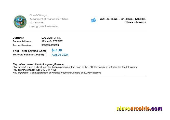 USA Illinois Chicago water, sewer, garbage, tax business utility bill